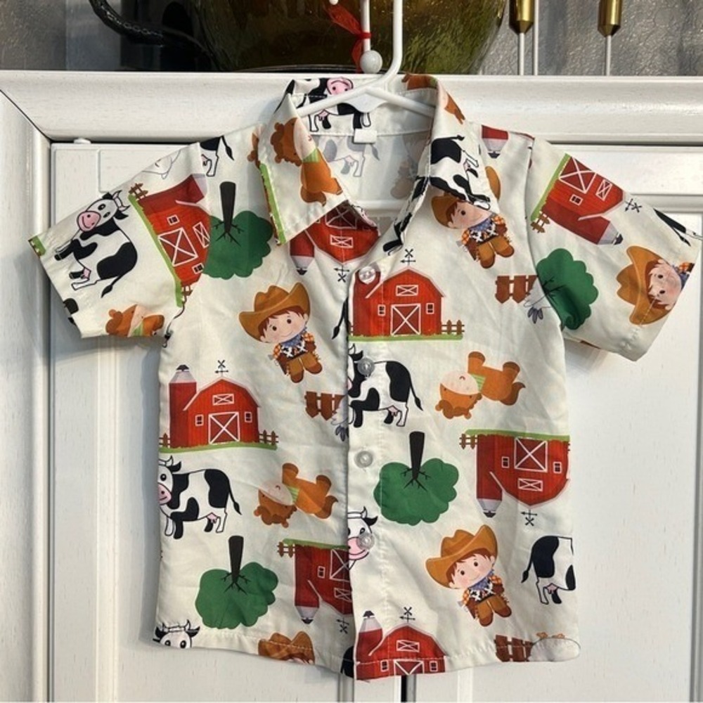 Baby Button Down Farm Print Shirt 12M Collar Casual - Picture 5 of 6